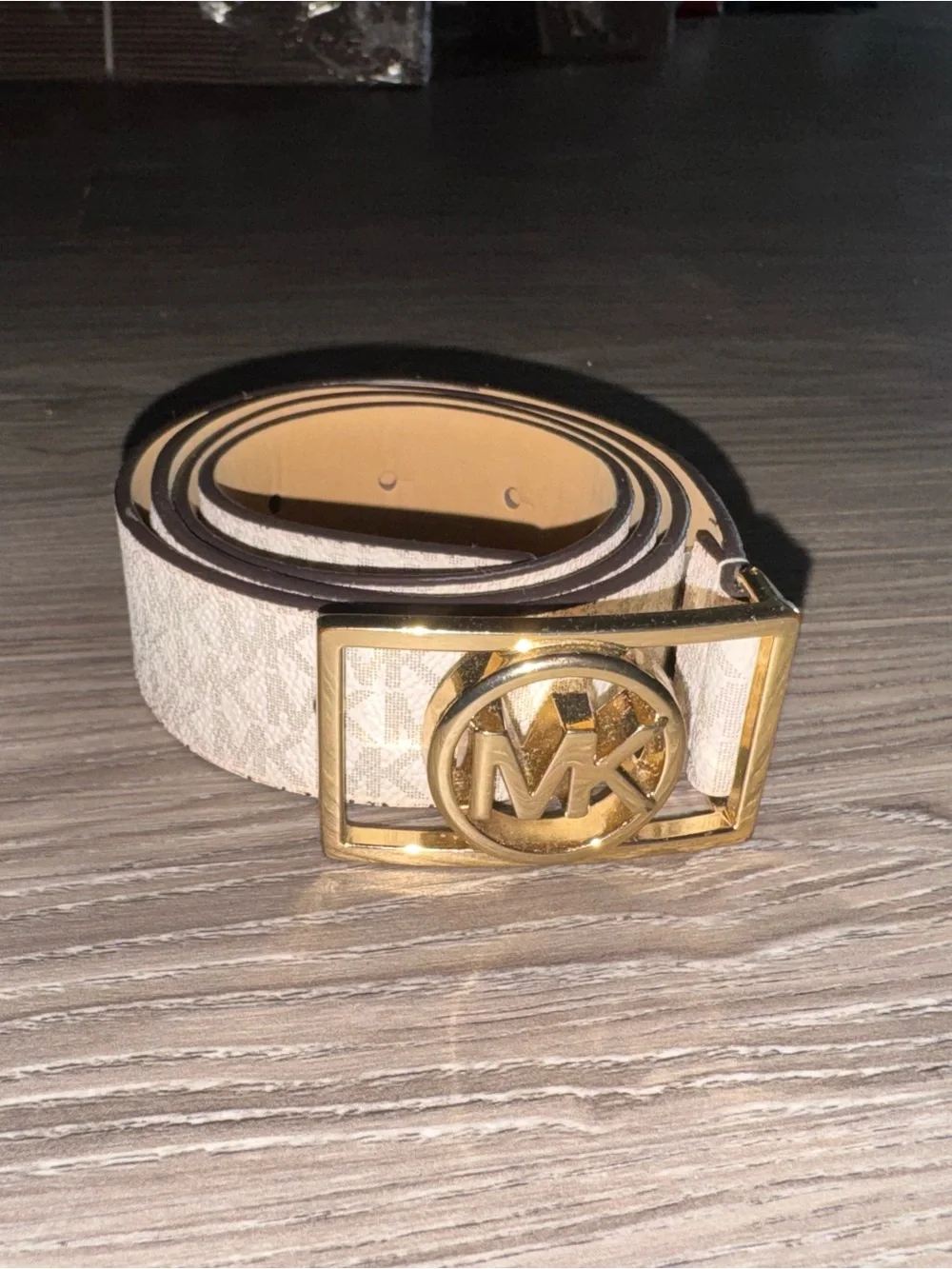 Michael Kors Beige Logo Buckle Belt with Gold Hardware